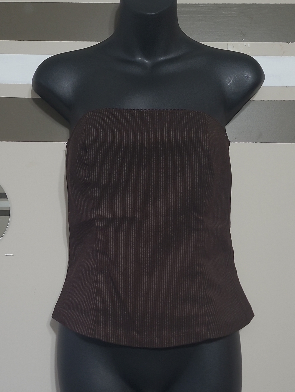 ⭐️ Vintage Le Chateau Brown Pinstripe Strapless Tube Top Sz Med ❗️ Fits Sz SM